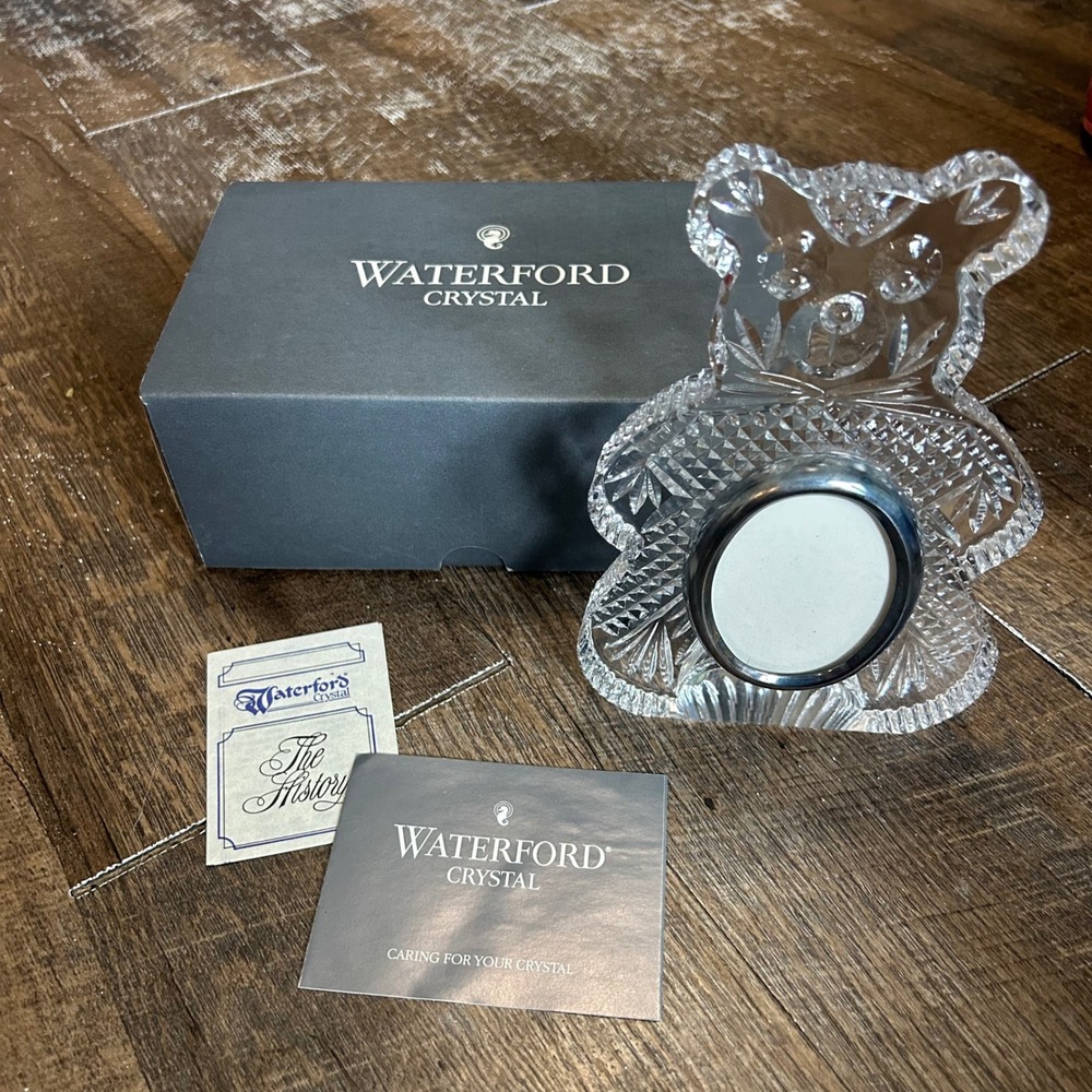 Waterford Crystal Teddy Bear Picture Frame Silver Trim Oval Photo Opening Boxed